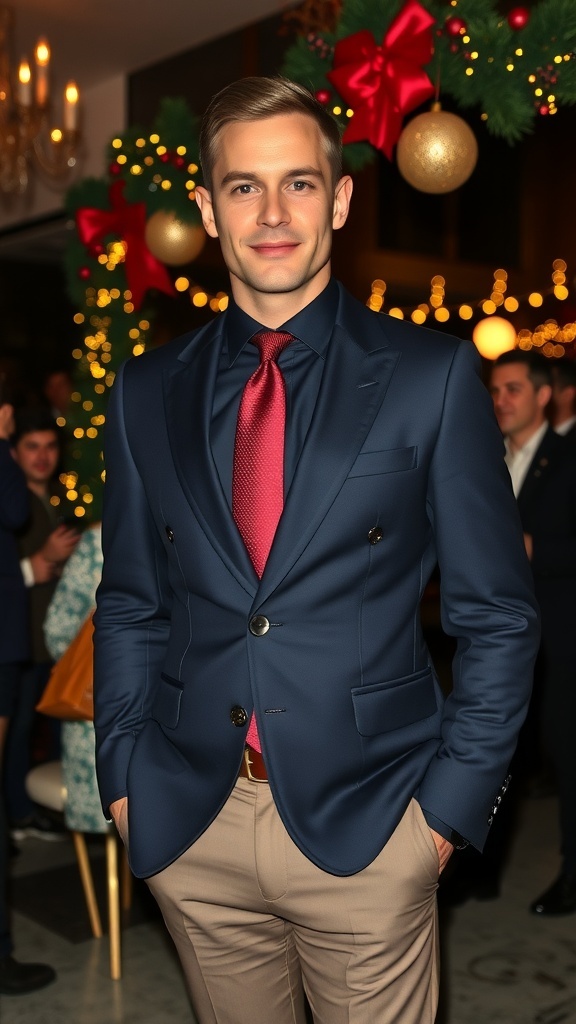 A well-dressed man in a navy suit and burgundy tie at a Christmas party with festive decorations.